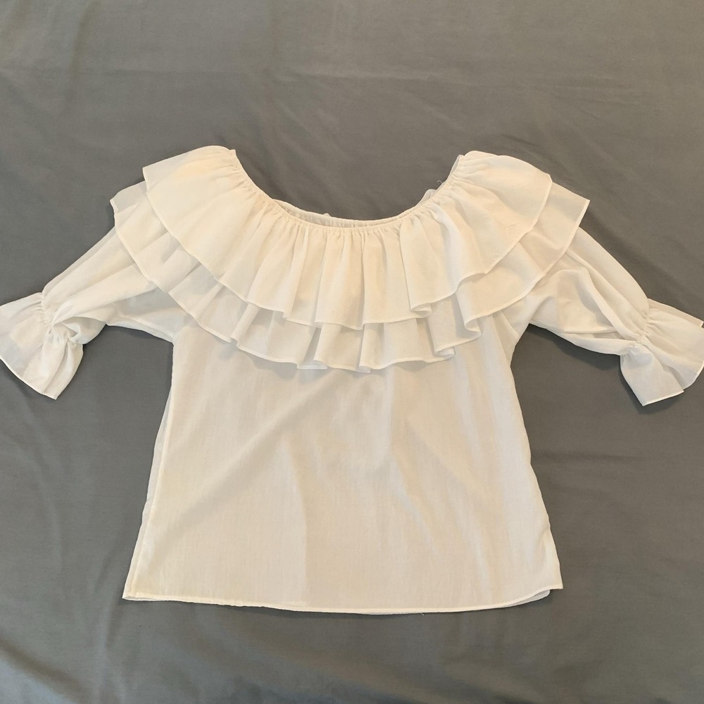 Sheplers Blouse Womens Medium White Off Shoulder Ruffle Peasant Top 3/4 Sleeve